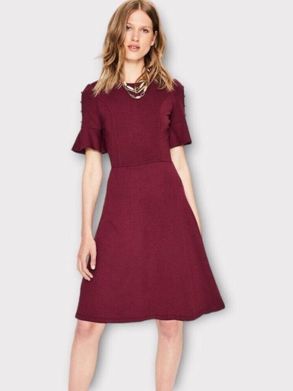 Boden Alexis Jersey Burgundy Ponte Midi Dress Bell Sleeve Button Detail US 8L